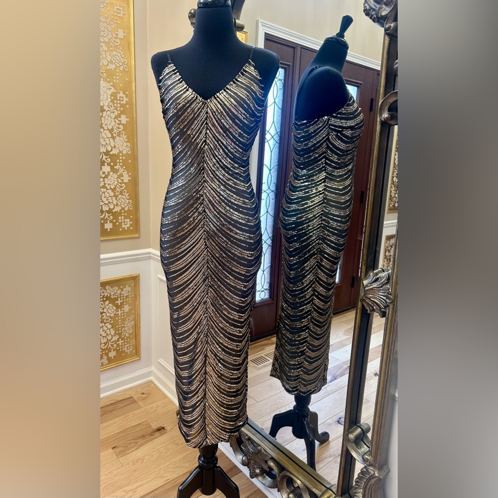 Fashion Nova Party Black Gold Midi Dress Size M Adjustable Bra Strap
